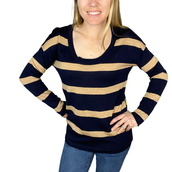 Willi Smith Merino Wool Navy Tan Striped Sweater Size Small - Picture 3 of 9